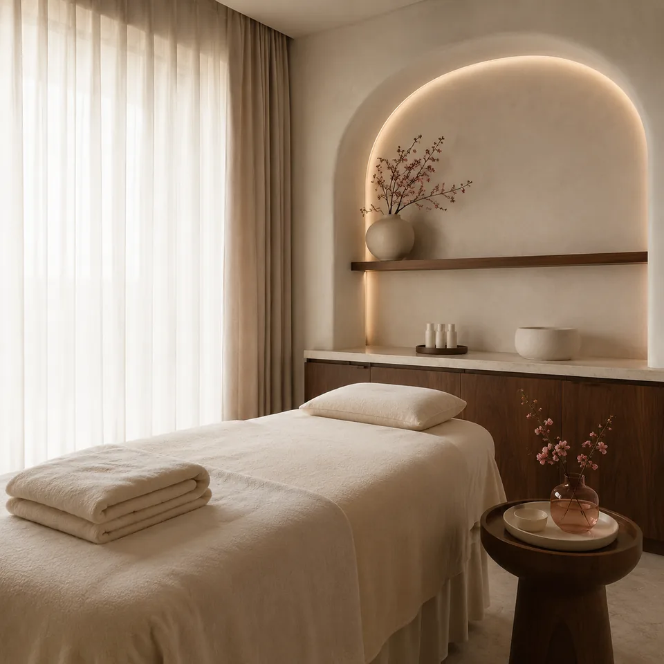 Calm waiting lounge with warm neutral interiors