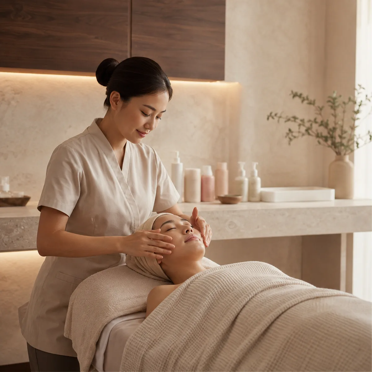 Asian client receiving a relaxing facial treatment